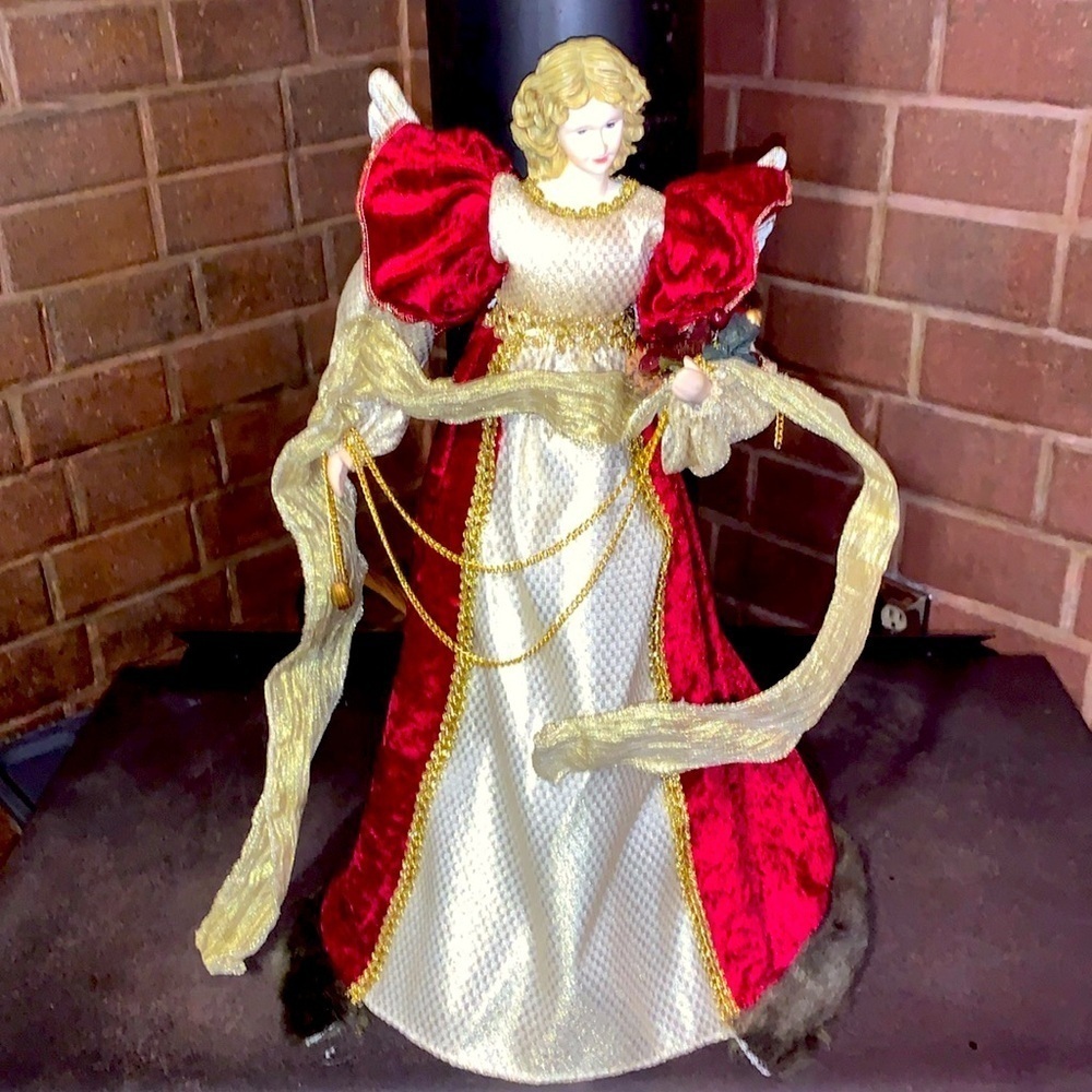 Vintage 1980s Porcelain Angel Tree Topper or Shelf /Mantle Decor Burgundy & Gold